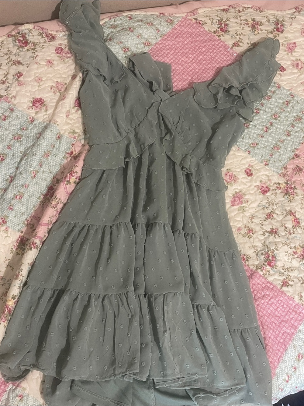 Trixxi Sage Green Ruffle Tiered Midi Dress